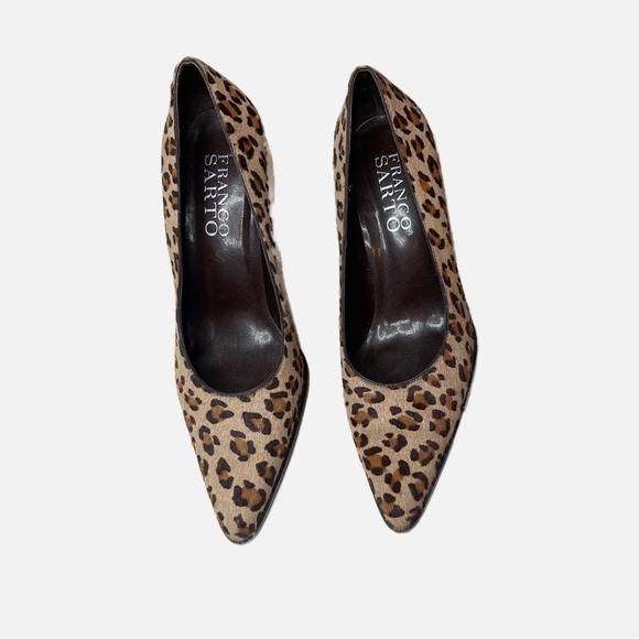 Franco Sarto | Tan Brown Leopard Print Leather Calf Hair 3” Heel Sz 8 - Picture 2 of 12